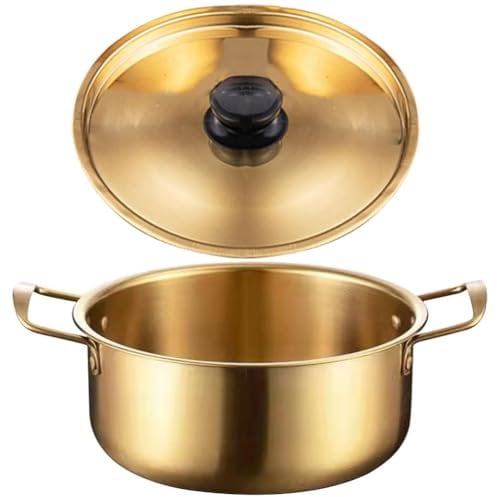 Housoutil Ramyun Pot, Stainless Steel Korean Ramen Pot, Golden Camping Pan, Noodles Cooking Pot with Lid for Noodle Soup Pasta Egg