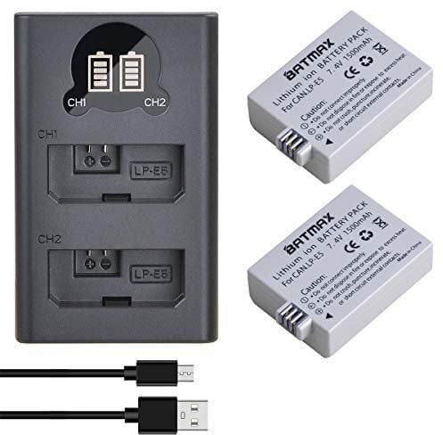 Batmax 2Pcs LP-E5 Replacement Battery and Dual Charger with Type C port for Canon EOS 450D, EOS 500D, EOS 1000D, Kiss F, Kiss X2, Kiss X3, Rebel XS, Rebel XSi, EOS Rebel T1i