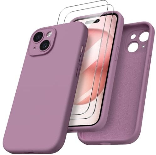 ORNARTO für iPhone 15 Hülle mit Kameraschutz und 2 Schutzfolien, flüssigem Silikon Handyhülle iPhone 15 6.1 Zoll mit Kamera Schutz, stoßfeste iPhone 15 Schutzhülle mit Mikrofaser - Lila Flieder