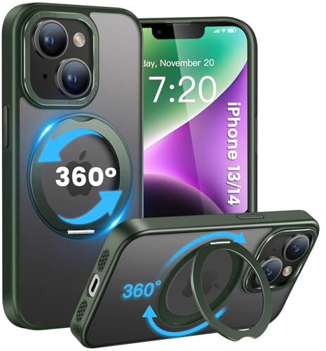 HuwaiH handyhülle für iPhone 14 Hülle, iPhone 13 Hülle,[360° Magnetischer Ring Ständer ] [mit MagSafe] [Transluzente Matte] Stoßfeste Kratzfeste Schutzhülle für iPhone 14/iPhone 13 6.1 (Dunkel Grün)