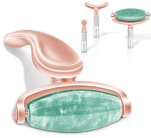 Jade Facial Roller, Jade Face Massage Roller Skincare Beauty Tool with 3 Interchangeable Heads, Women Facial Massager Reduce Puffiness and Fade Fine Lines (Green Roller+Rose Gold Handle)
