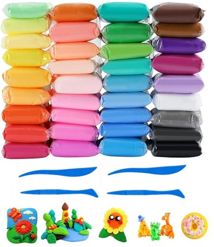 XZEIT Air Dry Clay, Polymer Clay, 36 Leuchtende Farben, Modelliermasse Set, Ultraleichtes Lufttrocknendes Modelliermasse-Set für Kreative Kunst, mit Zubehör, Ideal für Erwachsene
