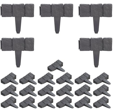 40 x Beetzaun, Beetumrandung, Steinoptik, HxB: 10x25 cm, Rasenkante zum Stecken, Kunststoff, Beeteinfassung, anthrazit