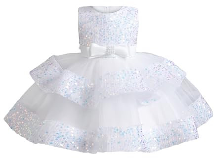 Miipat Bébé Fille Robe Bambin Princesse Tulle Sequins sans Manches Formelle Fleur Fille Robe pour La Fête Anniversaire Mariage Blanc 80 12-18 Mois