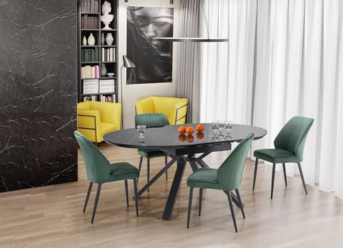 Design Esstisch rund HA-500 Glasplatte Marmor Schwarz ausziehbar Glas, Farbe:Marmor Schwarz - Schwarz matt