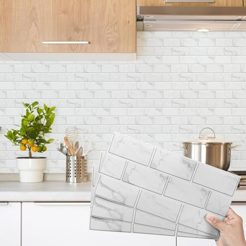 Decoroom Tile Stickers White 48pcs/15x30cm Brick Self Adhesive Wall Tiles Vinyl Peel and Stick Waterproof DIY Home Decor Stick on Transfers Kitchen Bathroom Backsplash