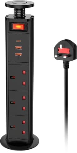 Pull up Power Strip 3 Way with USB C PD 20W and Switch, Ohuo Pull up Power Sockets with 3 USB Ports, Black