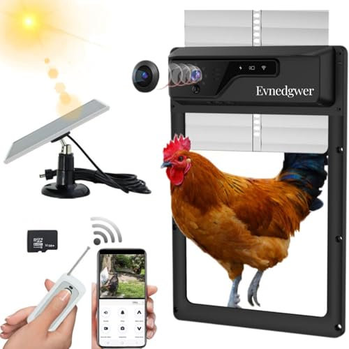 Porte Automatique Poulailler Solaire Connectée avec Caméra HD 1080p, Porte Poulailler Automatique Fonction Fermeture Anti Pincement, Gestion Depuis Mobile ou Télécommande, Étanche IP65, Anti nuisible