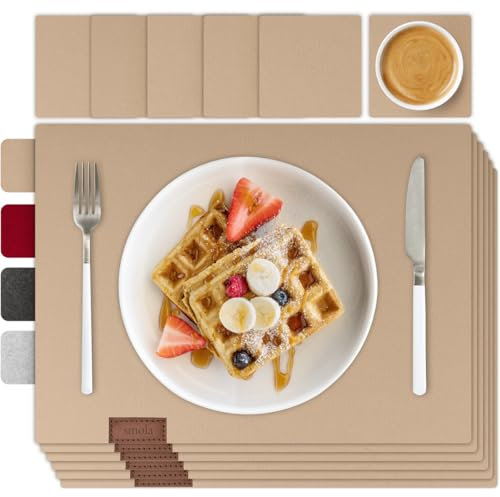 smøla 12-teiliges Premium Filz Tischset inkl. Untersetzer I Platzset Abwaschbar Beige I Platzset Abwischbar, Platzdeckchen Set mit Filzuntersetzer für Teller, Gläser I Tischdeko Sommer, Sandbeige