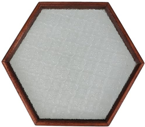 Geprägtes Glas Serviertablett mit Holzrand, Sechseckig, Walnuss