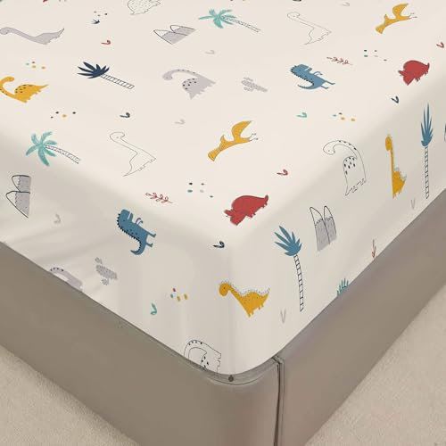 Surwin Sabanas 90x190 Microfibra Sábana Bajera Ajustable, Elástico en el Borde Bolsillo Profundo 30cm para Grueso Colchón, Suave, Dinosaurio Impreso
