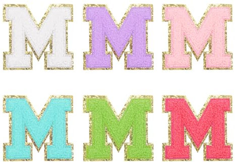 sourcing map 6Pcs Self Adhesive Chenille Letter M Patches Glitter Gold Edge Embroidered Patch Iron Applique for Clothing Bag Laptop Phone Case, Multi-Colors