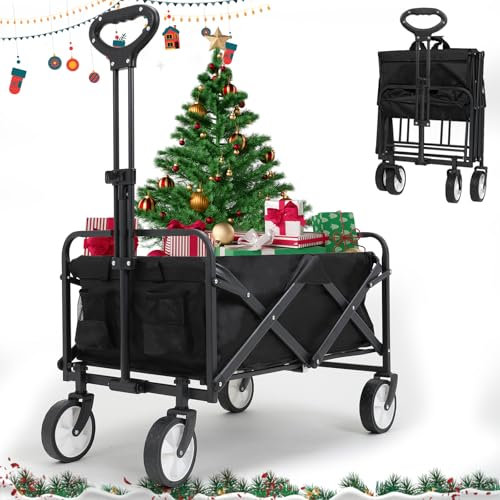 Folding Festival Portable Beach Trolley Cart, Wagon Cart with Adjustable Handle, Collapsible Wagon for Outdoor Garden, Sports, Shopping, Camping, Fishing