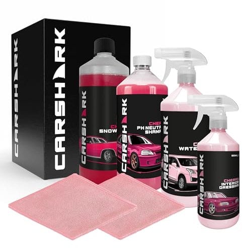 CARSHARK Car Cleaning Cherry Kit - Gift Box, Cherry Interior Dressing 500ml, Cherry Snow Foam 1L, Cherry pH Neutral Shampoo 1L, Cherry Waterless Wash & Wax 1L, Pink Microfibre Cloths x 2