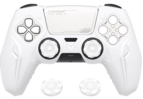 playvital pour ps5 Manette Coque Protection Accessoire avec Capuchon pour ps5 Controller Housse Silicone Cover Skin Compatible avec Station de Charge，Édition CyberMech-Blanc