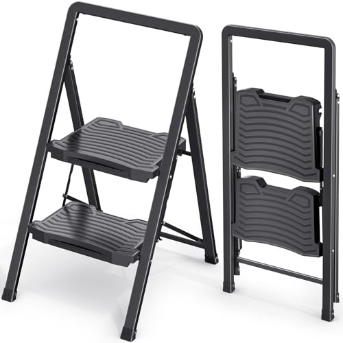 KINGRACK 2 Step Folding Ladder - Steel Step Stool with Handrail, Wide Pedal, 330 lbs Capacity – Foldable Heavy Duty Ladder for Home, Kitchen – Black