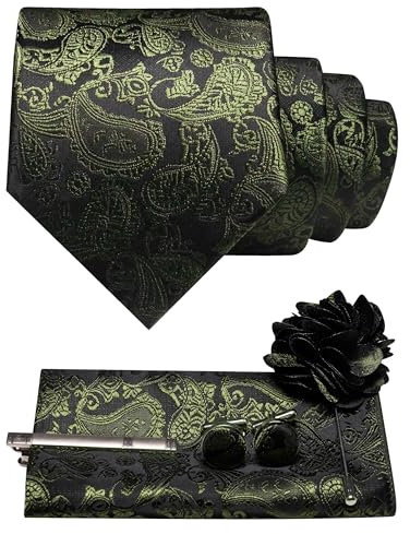 JEMYGINS Herren Paisley Krawatte mit Einstecktuch Krawattenklammer Blumenbrosche und Manschettenknöpfen Set olivgrün