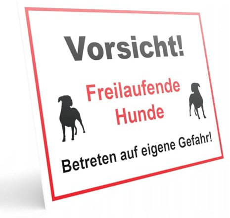 PRINTIMA Vorsicht Hund Schild PVC, Vorsicht! Freilaufende Hunde, Betreten auf eigene Gefahr, Rot, Gelb oder Weiß, 32x21cm oder 40x30cm – Wetterfest und gut sichtbar (Schwarz und Rot, 40x30cm)
