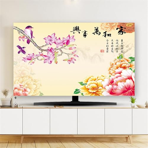 Hixingo TV Abdeckung Staubschutzhülle, 3D Pfingstrosenblume Muster TV Staubschutzhülle 32-80inch TV Abdeckung Schutzhülle Fernseher Fernsehabdeckung TV Schutzhülle (70inch,Lila Vogel)