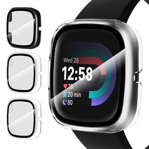 iVoler 3 Pezzi Cover con Vetro Temperato per Fitbit Versa 4/3 / Fitbit Sense 2 / Fitbit Sense, Copertura Completa Custodia Rigida Clear Pellicola Protettiva Anti-Graffio Case, 2 Trasparente + 1 Nero