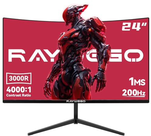 Raywego - Monitor curvo da gioco da 24 pollici, 1920 × 1080 3000R fino a 180 Hz, HDMI x1 DP×1 99% sRGB 1 ms, macchina senza cornice, visualizzazione nera per giochi, home office