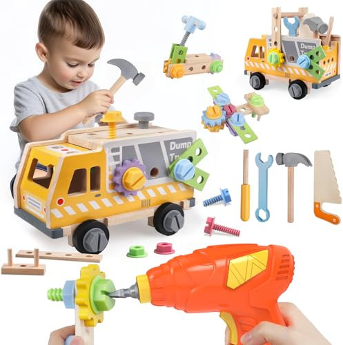 Aliex Kids Tool Set, Wooden Toys Truck with Electric Toy Drill for Kids Age 3+, 39 PCS Montessori Role Play Tools Kit for Toddlers Gifts