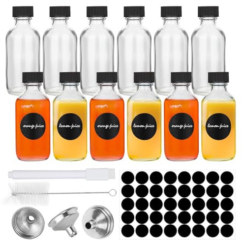Mini Glas Shot Flaschen zum Befüllen 60ml, 12 Stück Glasflaschen zum befüllen mit Trichter und Etiketten, Kleine Flaschen zum befüllen, shotgläser mit deckel für Saft, Öle, It Flaschen zum Befüllen