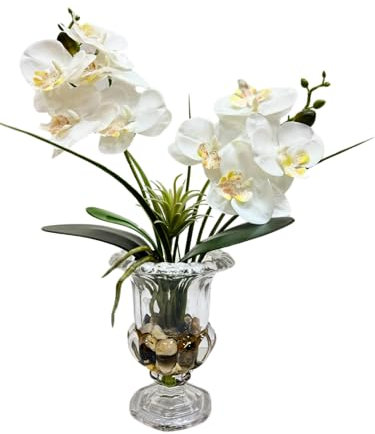 Svndlyn Artificial White Orchid Flowers in Glass Vase Phalaenopsis Flowers Potting and Fake Fleshiness Ornament for Home Bathroom Office Table Centerpiece Room Decorations