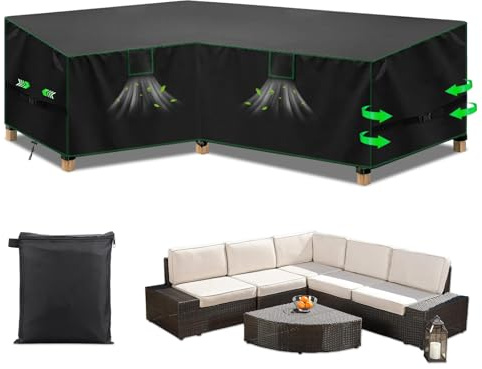 PATWING Lounge Abdeckung, Gartenmöbel Abdeckung L Form, 600D Oxford Loungemöbel Abdeckhaube, Winterfest Winddicht UV, Schutzhülle für Ecksofa, Loungemöbel (Schwarz, 215x215x85x80/65cm)