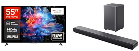 Bundle of TCL 55V6C Smart TV HDR 4K, con tecnologia Google TV (Dolby Audio, Motion Clarity) + TCL Soundbar S55H a 2.1 canali Dolby Atmos, potenza massima di 220 W con sistema Dual Bass, con subwoofer