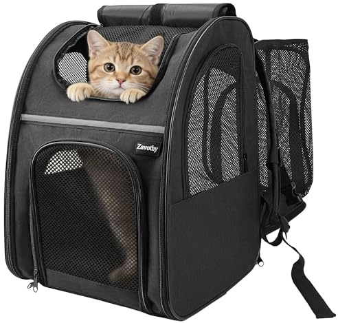 Zavothy Haustier Rucksack für Katzen und Hunde, Tragbar und Faltbar, mit Netzfenster und Gepolsterter Rückenstütze, Atmungsaktiv, Belastbarkeit bis 8kg (Erweiterbar Schwarz)