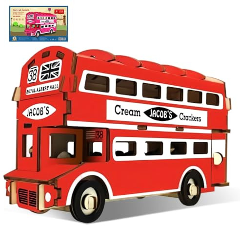 3D Holz Doppeldecker Bus Modellbausatz, pädagogisches DIY-Puzzle für Kinder und Erwachsene, rotes Vintage-Transportthema, Heimdekoration, Geschenk
