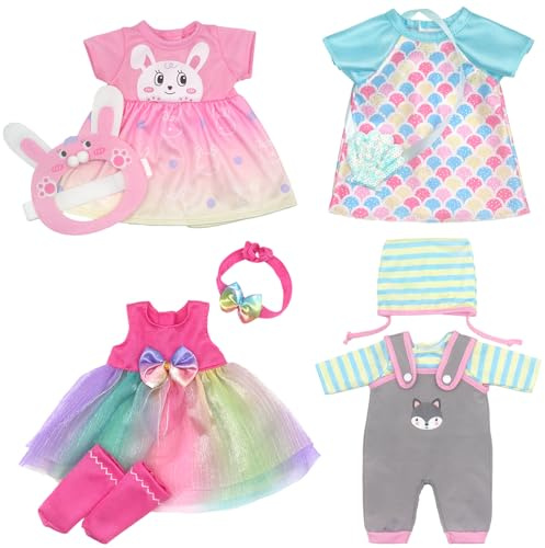 4 Packungen Puppenkleidung Puppenkleider Set mit Stirnband Hut und Socken für 30-36 cm Puppen