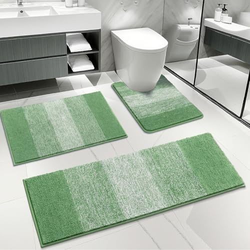 Enyhom Badezimmerteppich Set 3 Teilig, Weich Dicker Mikrofaser Badematte und WC Toiletten Teppich, Grün Badteppich rutschfest Waschbar, Super Saugfähig Schnelltrocknend Badgarnitur 3 Teilig Stand WC