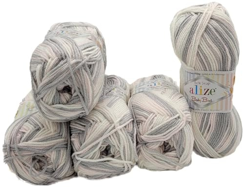 5 x 100g Babywolle Ilkadim Export Baby Best Batik mit Bambus, 500 Gramm Wolle zum Stricken und Häkeln mehrfarbig (grau rosa weiss 6664)