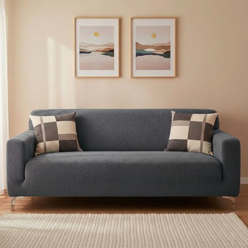 COZIHN Sofabezug Hoch Stretch, 3 Sitzer Jacquard Samt Sofa Überzug, Rutschfester Couchbezug 1-Teilig, Elastische Hussen für Sofa, Waschbar & Haustierfreundlich(Dunkelgrau,3 Seater(190-230cm))