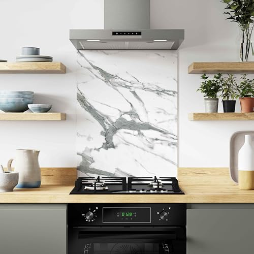White Marble Kitchen Splashback Panel, Heat Resistant Aluminium Splashback, Modern Kitchen Wall Protector, Easy Clean, Easy Installtion 600x800mm