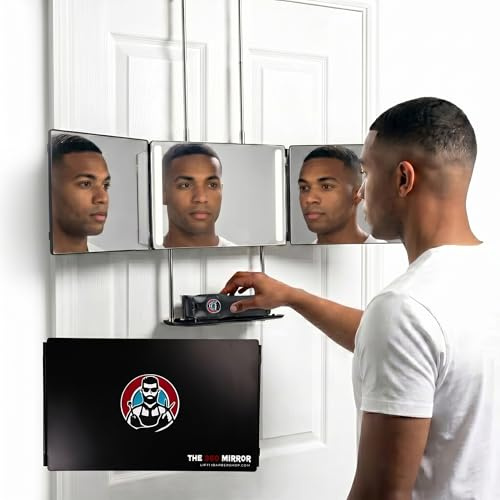 Miroir 3 Faces à LED + support plateau - Se couper les cheveux + barbe seul | Miroir 3 faces barbier + support + lumières LED, Hauteur réglable sur porte/meuble, Voir l'arrière de sa tête - 1 an garantie