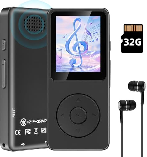 32GB MP3 Player mit Bluetooth 5.3-1.8 TFT-Farbbildschirm MP3-Player mit Kopfhörer Lautsprecher FM-Radio E-Book, Aufnahme, bis zu 128GB