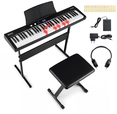 COSTWAY Keyboard Piano 61 Tasten, E-Piano mit Ständer, Hocker, Pedal & Notenaufkleber, Digitalpiano mit USB/MIDI, 128 Rhythmen, 128 Tönen & 80 Demos, E-Klavier für Anfänger, Schwarz