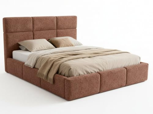 Sofnet Polsterbett Celine - Bettkasten mit Gasdruckfedern - Doppelbett mit Lattenrost, Bett mit Polsterkopfteil, Bettgestell, Schlafzimmer, Bouclé-Stoff (140 x 200 cm, Rosa (Coral 45))