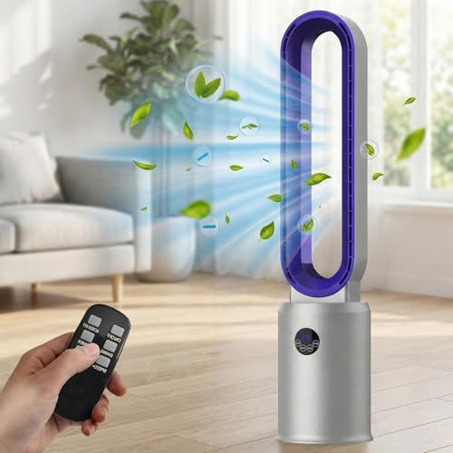 MoraRise Bladeless Tower Fan with Anion Air Purifier, 97cm Cooling Fan with Remote, 24 Speeds, 90° Oscillation, 12H Timer, Ultra-Quiet Floor Fan for Home Office Bedroom (Iron/Purple, 97cm)