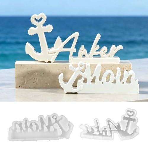 Silikonformen Gießformen Anker und Moin, 2er Set maritime Sommerdeko | Für Gips, Raysin, Beton und Epoxidharz; zwei Schriftzüge für Küstendeko, Strandhaus, Sommer und maritime Geschenke.