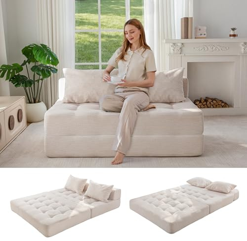 MAXYOYO Modulares Ecksofa Bett, Umbaubares Schlafsofa mit Klappschlafer und Kissen, Kordstoff-getufteter Boden Couch Ohne Gestell für Wohnzimmer, Schlafzimmer, Gästezimmer, Kein Montageaufwand