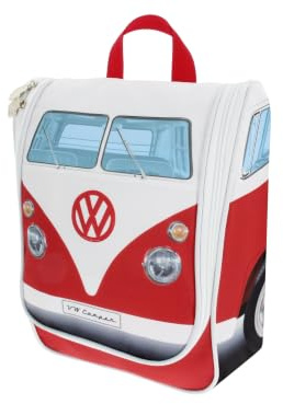 BRISA VW Collection - T1 Bulli Bus Reise-Kulturbeutel zum Aufhängen | Volkswagen Kulturtasche Kosmetiktasche Waschtasche, Hängehaken Netz-Innentaschen Wasserabweisend Retro Bad Hotel, Rot