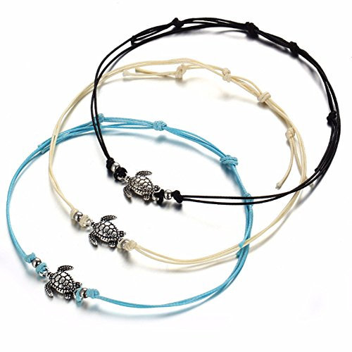 Freessom Lot de 3 Bracelet Cheville Femme Fantaisie Cordon Pas Cher Fille Boheme Tortue Ficelle Retro Indien Reglable Plage Pied Vintage Pas Cher Ete
