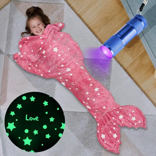 Mermaid Tail Blanket for Girls, Glow in The Dark Mermaid Sleeping Bag, Snuggle Girls Throw, Plush Cozy Soft Fleece Blanket for age 2-12, Valentine's Day Gifts for Kids Birthday Gift for Daughter, Pink