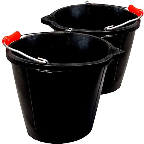 14L Black Flexible Bucket Heavy Duty Black Rubber Builders Bucket 3 Gallon 14 Litre Water Mixing Storage Strong Handle and Spout Ideal for Construction Trade, Animal Feed - Pack of 2