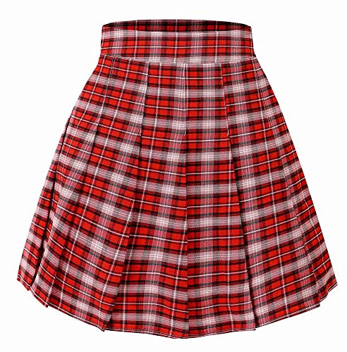 Hoerev Femmes Filles Courte Haute Taille plissé Skieur Jupe école de Tennis,Rouge_Blanc_Noir,EU 36,M