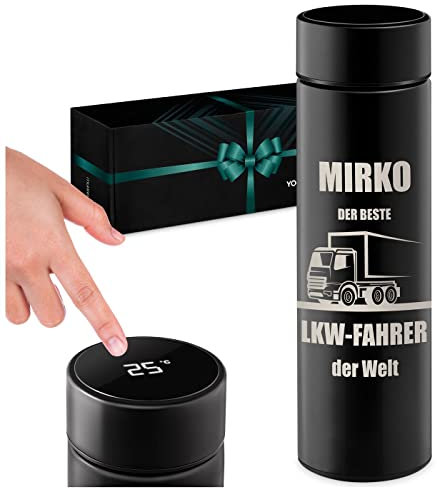 Maverton Thermobecher Kaffeebecher 450 ml - Isolierbecher personalisiert - 100% dicht - Led Temperatur Anzeige - Weihnachtsgeschenke - aus Edelstahl - Geschenk für Männer - schwarz - LKW-Fahrer